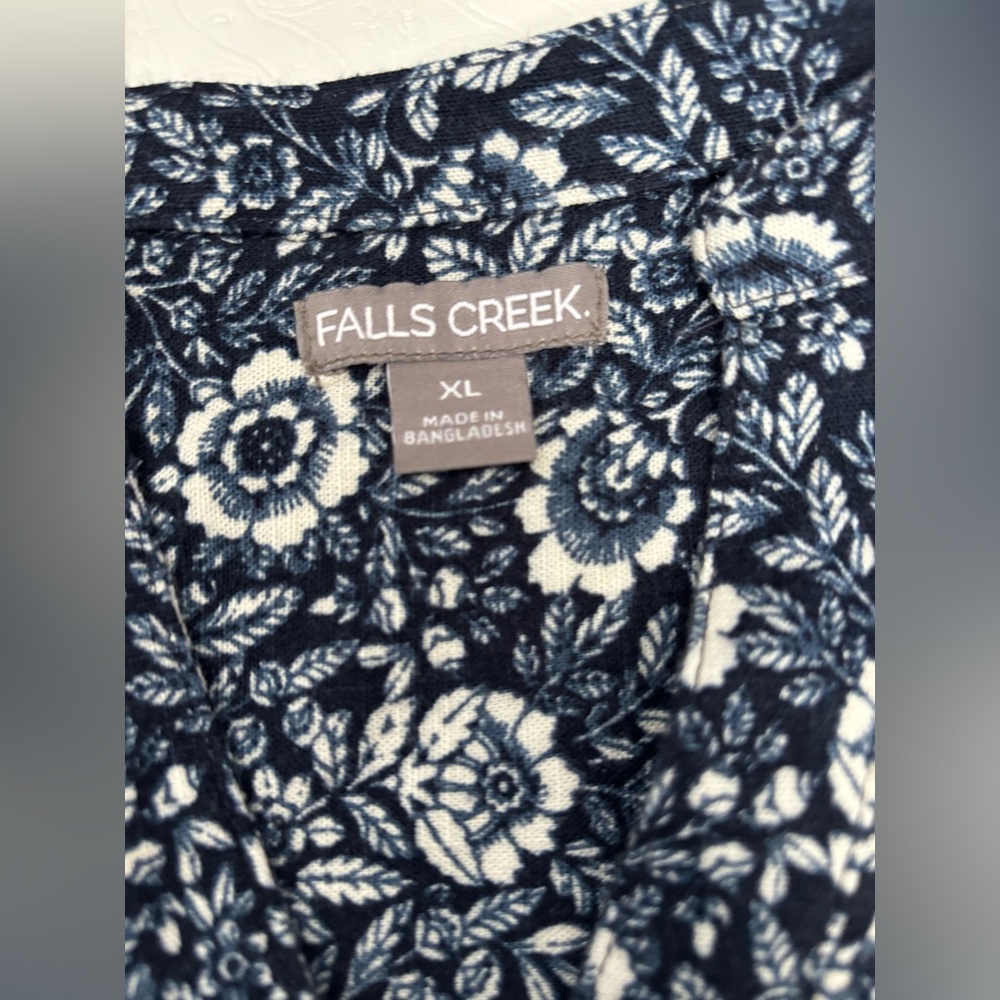 Falls Creek Floral Dark Navy/White Popover Split Neck Linen Blend Hi-low Hem XL - Picture 6 of 10